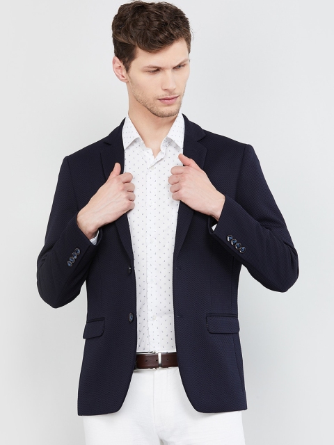 MAX Men Navy Blue Textured Single Breasted Blazer