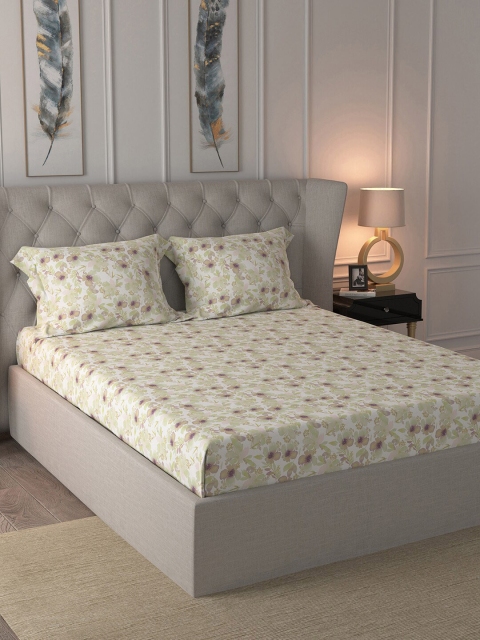 MASPAR Off-White & Green Floral 200 TC Cotton 1 Queen Bedsheet with 2 Pillow Covers