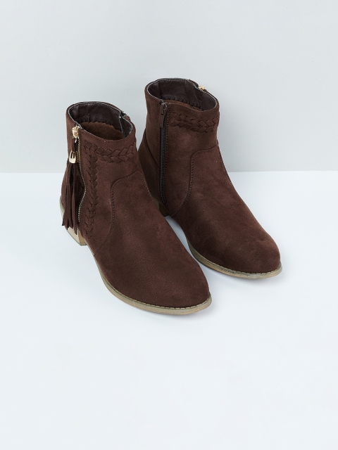 max Women Brown Solid High-Top Flat Boots