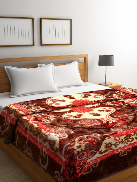 NEUDIS Brown & Red Floral Heavy Winter 600 GSM Double Bed Blanket
