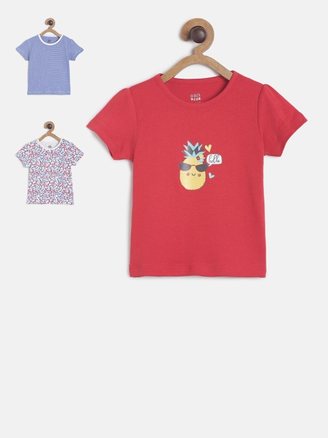 MINI KLUB Girls Pack Of 3 Printed Pure Cotton Top, Pink