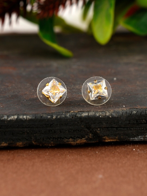 Silvermerc Designs Transparent Gold-Toned Rhodium-Plated Square Studs