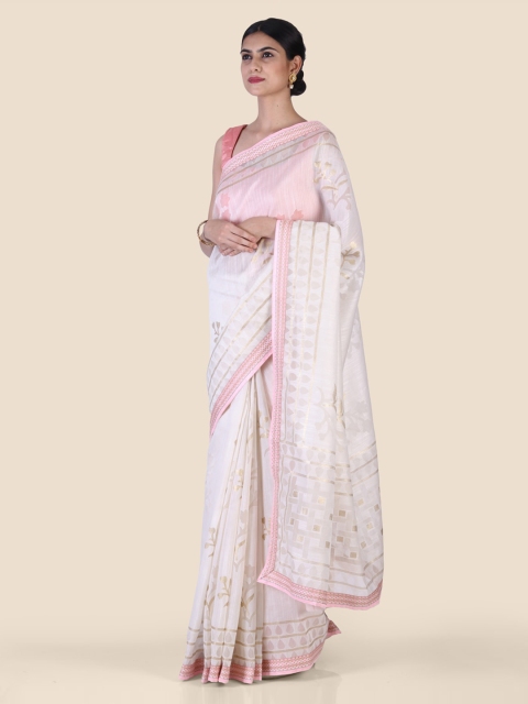 Hastakala Off-White & Pink Linen Blend Woven Design Saree