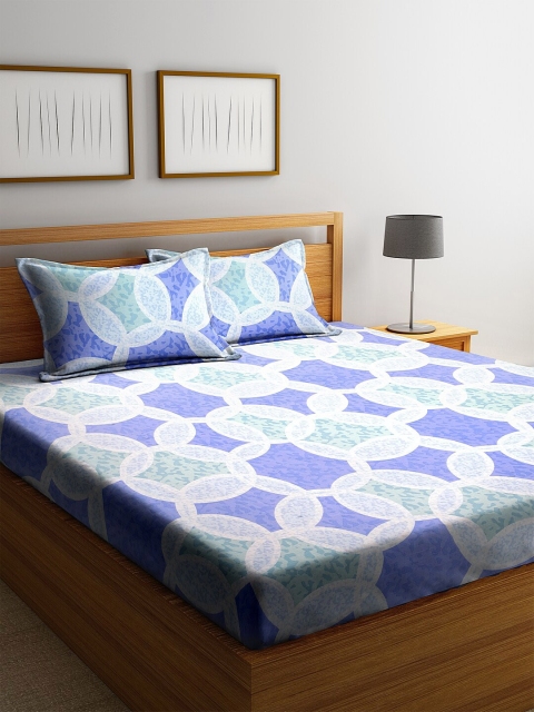 BOMBAY DYEING Blue & Green Abstract 120 TC Cotton 1 Queen Bedsheet with 2 Pillow Covers