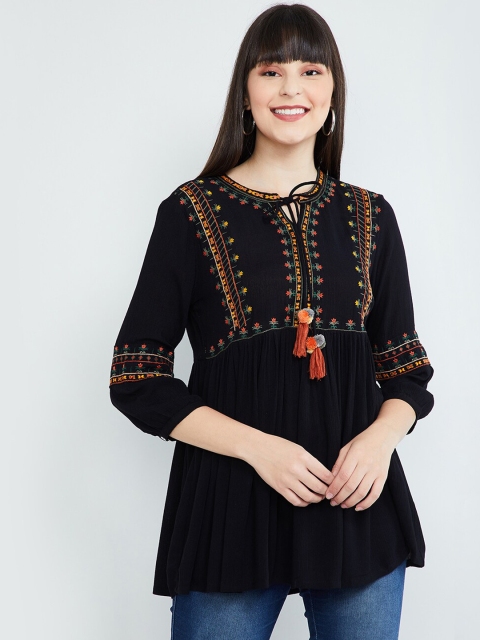 MAX Women Black Embroidered Tunic with Gathers