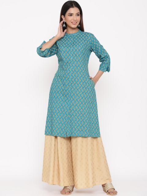 Juniper Women Teal Green & Gold-Toned Printed Straight Kurta