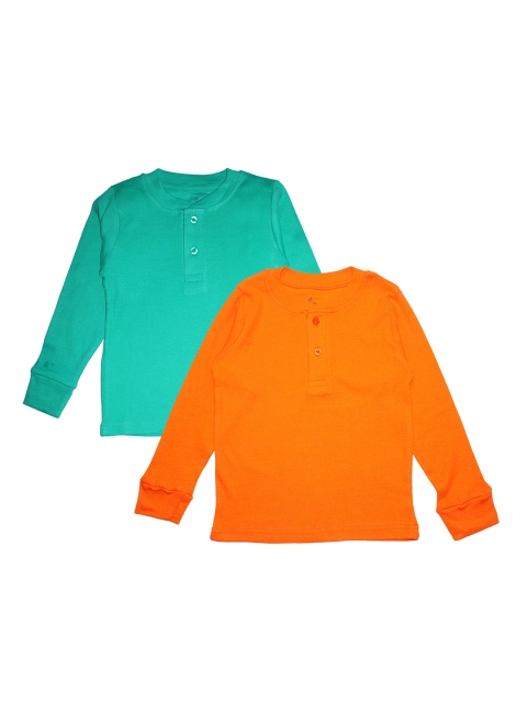 KiddoPanti Unisex Kids Pack Of 2 Solid Henley Neck T-shirts, Orange