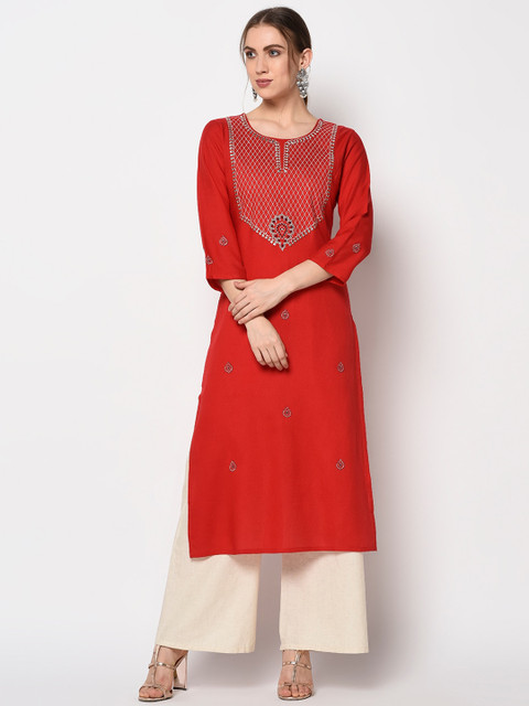 Yufta Women Red & White Embroidered Straight Kurta
Yufta Women Red & White Embroidered Straight Kurta