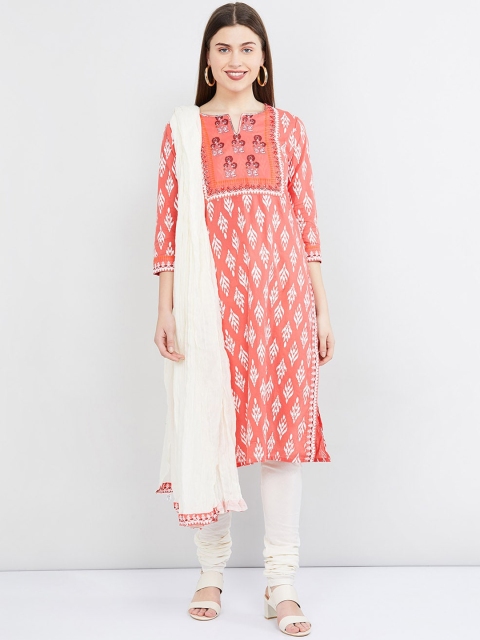 max Women Coral & White Printed Kurta with Churidar & Dupatta