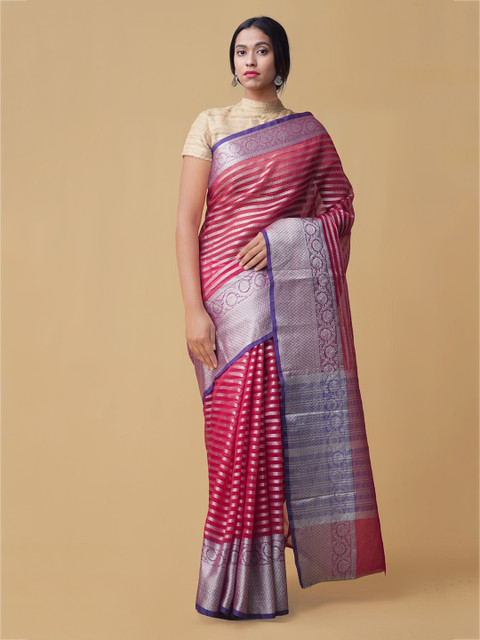 Unnati Silks Red & Silver-Toned Silk Blend Striped Handloom Banarasi Saree
Unnati Silks Red & Silver-Toned Silk Blend Striped Handloom Banarasi Saree