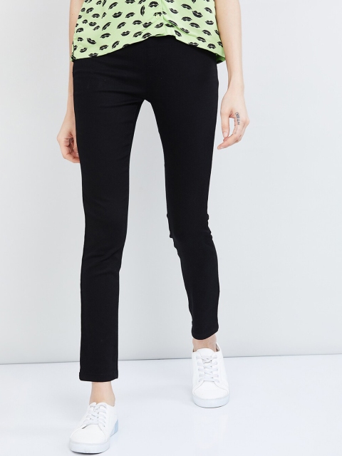 max Women Black Slim Fit Solid Regular Trousers
