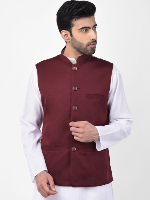 SG LEMAN Men Maroon Solid Satin Nehru Jacket