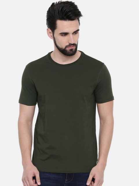 IMYOUNG Men Olive Green Solid Round Neck Slim Fit T-shirt