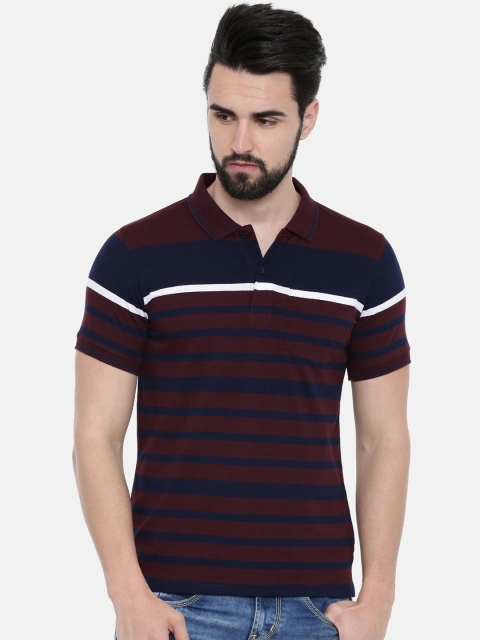 IMYOUNG Men Brown Striped Polo Collar T-shirt