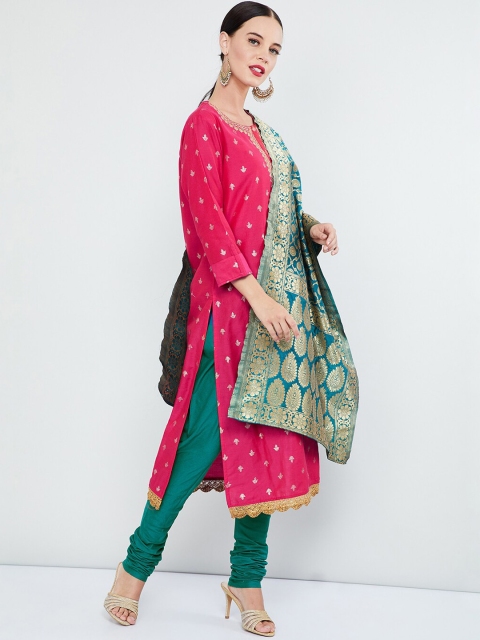 max Women Pink & Green Printed Kurta with Churidar & Dupatta
