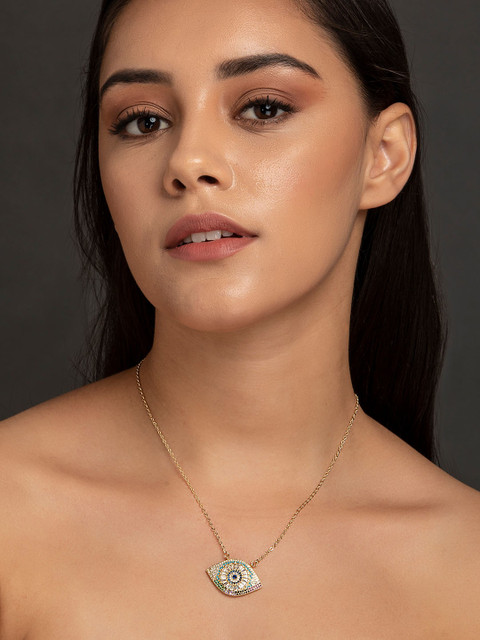ELLE Gold-Plated Handcrafted Gemstones and CZ Studded Evil Eye Shaped Designer Necklace
ELLE Gold-Plated Handcrafted Gemstones and CZ Studded Evil Eye Shaped Designer Necklace