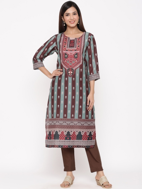 Juniper Women Green & Brown Printed Kaftan Kurta