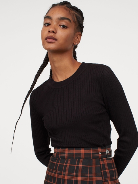 H&M Women Black Solid Fine-Knit Top