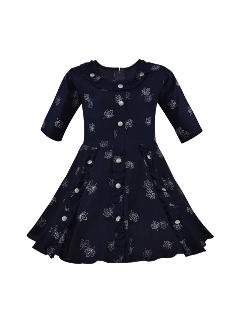 Wish Karo Girls Navy Blue Printed Fit and Flare Dress