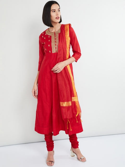 max Women Red & Gold-Toned Embroidered Kurta with Churidar & Dupatta