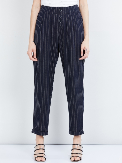 max Women Navy Blue Regular Fit Striped Regular Trousers