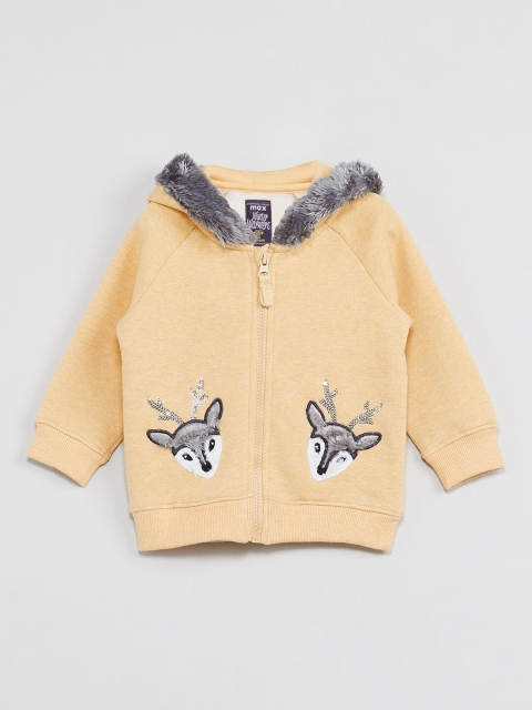 max Girls Yellow Self Design Hooded Sweatshirt