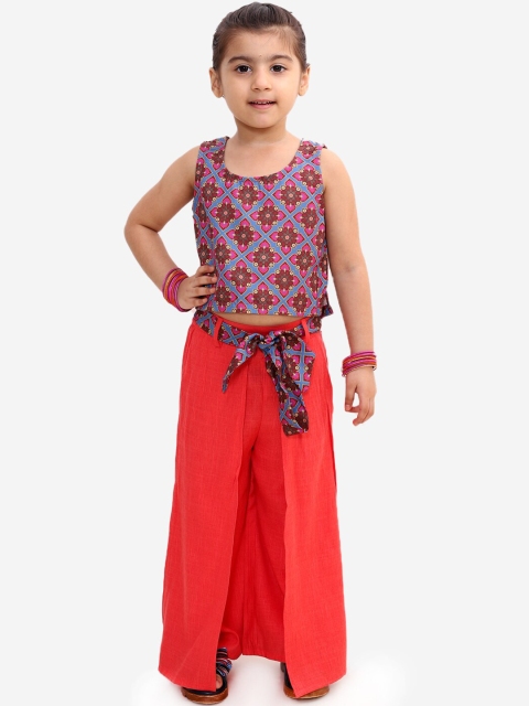 Lil Peacock Girls Red Printed Top with Palazzos