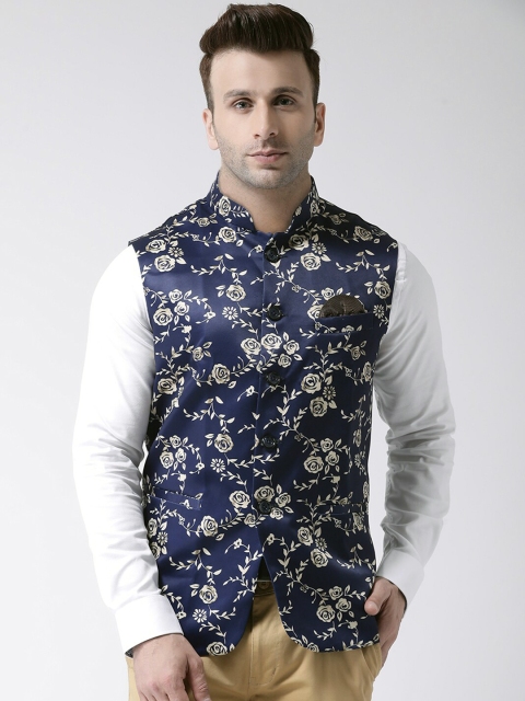 Hangup Men Blue & Grey Printed UV Protected Nehru Jacket