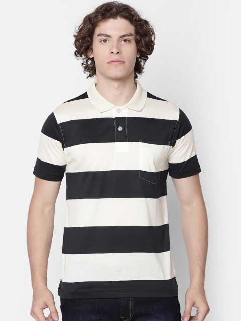 IMYOUNG Men Black & White Striped Polo Collar Slim Fit T-shirt