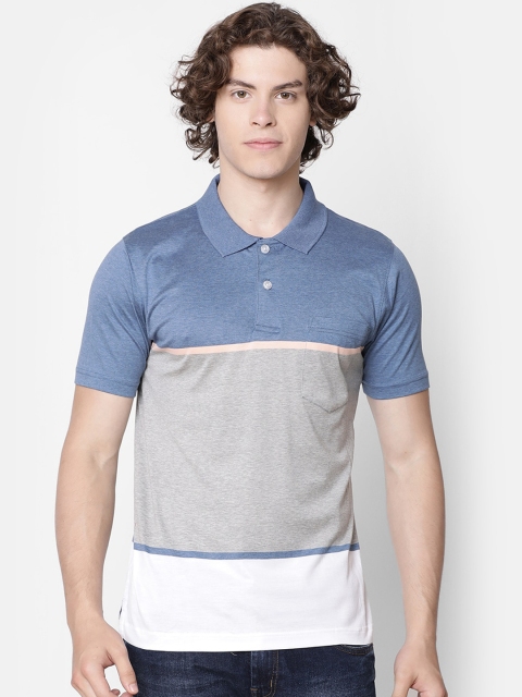 IMYOUNG Men Blue & Grey Colourblocked Polo Collar T-shirt