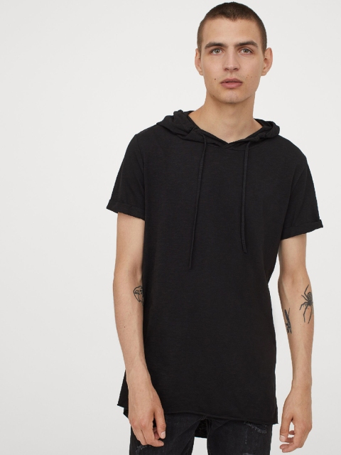 H&M Men Black Printed Long Hooded T-shirt