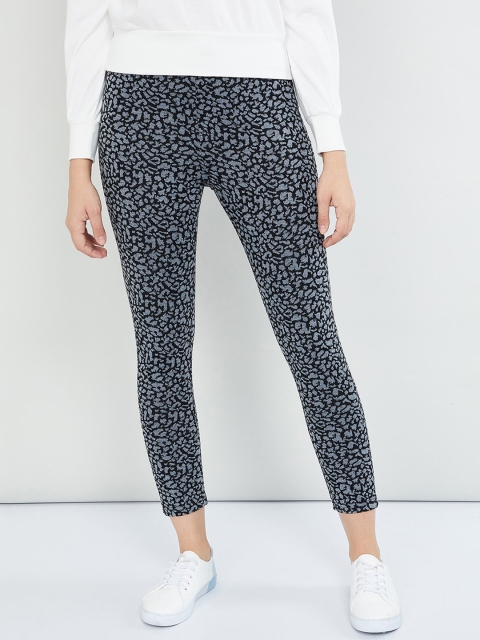 max Women Black & Grey Slim Fit Printed Regular Trousers