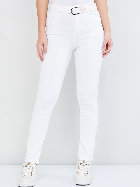 max Women White Slim Fit Solid Regular Trousers