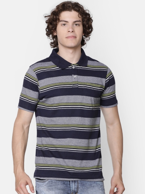 IMYOUNG Men Navy Blue & Grey Striped Polo Collar T-shirt