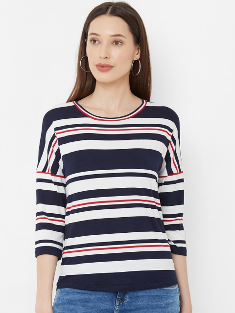 Kraus Jeans Women Navy Blue Striped Round Neck T-shirt