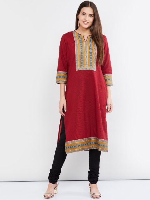 max Women Maroon & Black Printed Kurta with Churidar & Dupatta