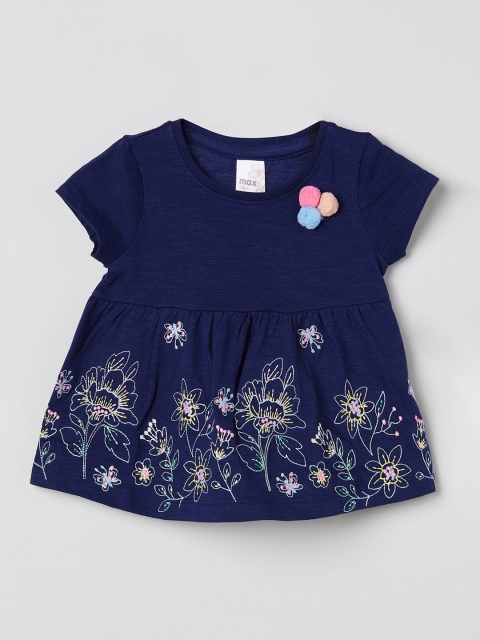 max Girls Navy Blue Floral Embroidered Empire Pure Cotton Top