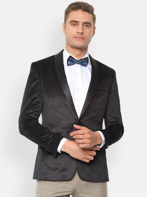 Louis Philippe Men Black Self-Design Slim-Fit Tuxedo Blazer