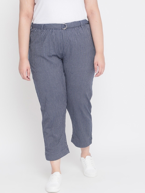 Amydus Women Plus Size Navy Blue Regular Fit Striped Regular Trousers