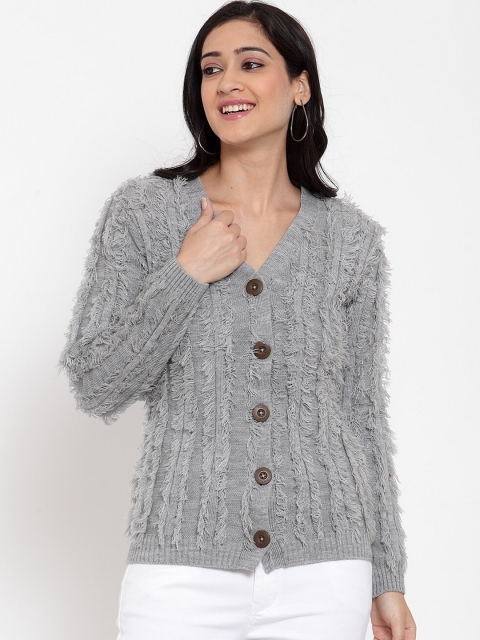 Kalt Women Grey Self Design Cardigan Sweater