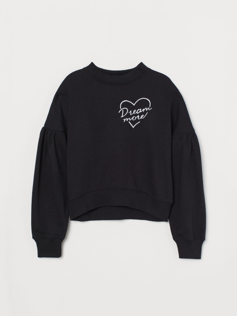 H&M Girls Black Printed Puff-Sleeved Sweatshirt