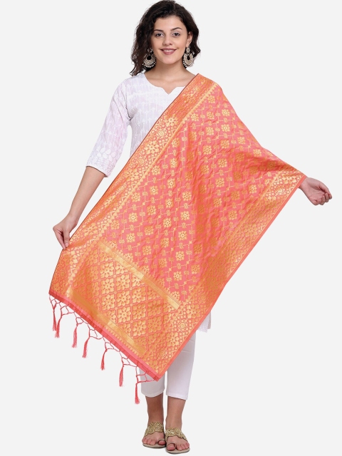 SHEEYA Peach-Coloured Banarasi Pure Silk Woven Design Dupatta