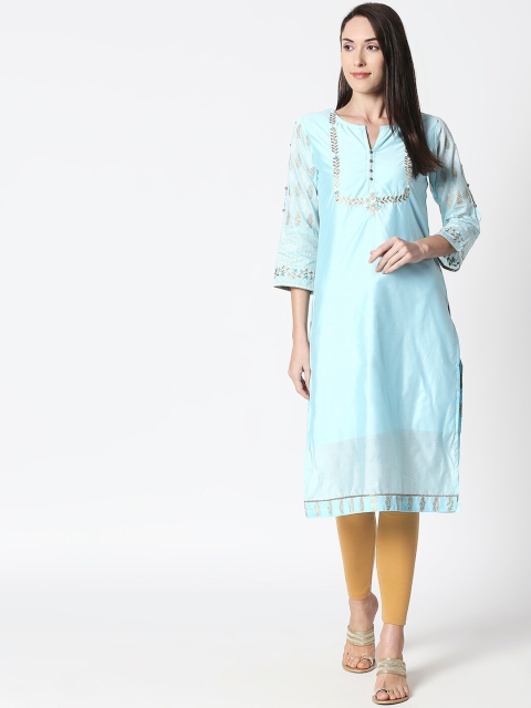 HUUR Women Blue & Gold-Coloured Yoke Design Straight Kurta