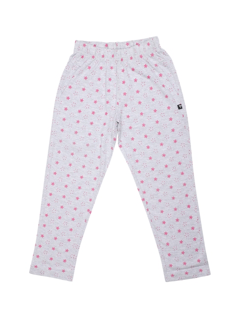 PROTEENS Girls Grey-Melange & Pink Floral Printed Straight-Fit Track Pants