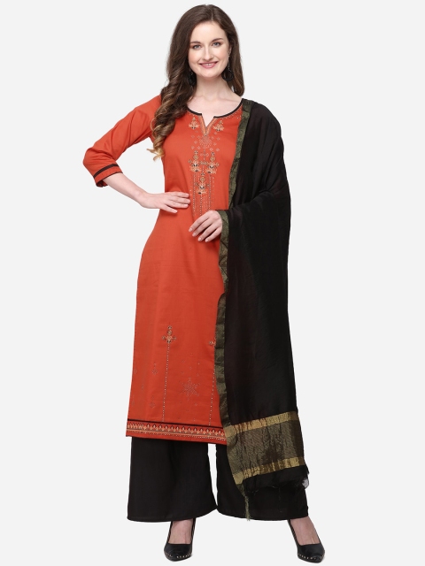Kvsfab Orange & Black Silk Blend Unstitched Dress Material