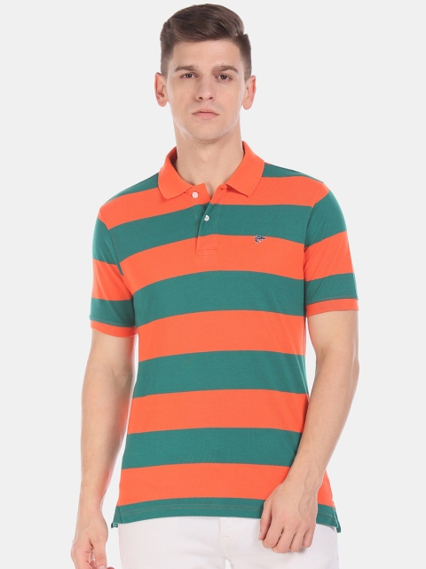 Ruggers Men Orange & Green Striped Polo Collar T-shirt