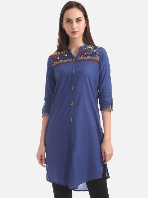 Karigari Women Blue & Red Printed Straight Kurta