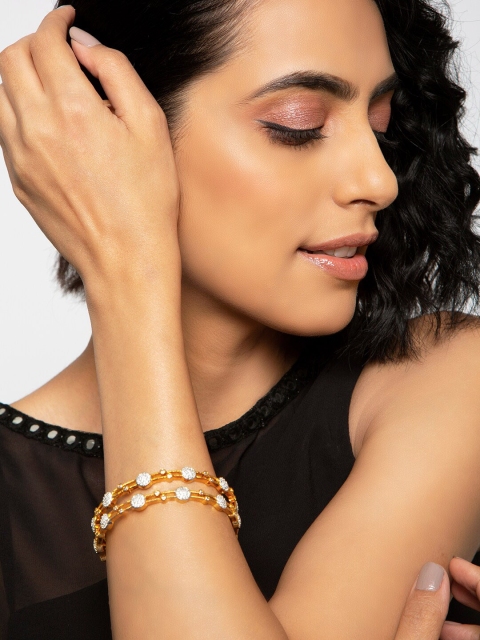 INDYA Set Of 2 Gold-Plated White Crystal-Studded Bangles