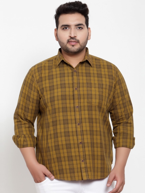 plusS Men Mustard Yellow Regular Fit Checked Casual Shirt