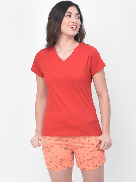 Clovia Women Red & Orange Solid Night Suit